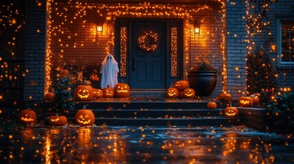 Spooky Halloween porch decorated with lights and pumpkins