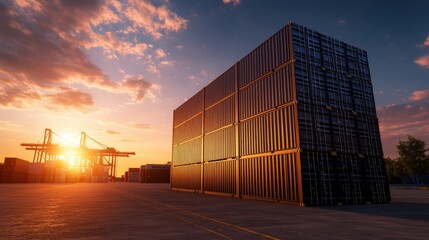 Obraz premium Large stack of colorful shipping containers at a bustling port at sunset with cranes and additional containers in the background at a maritime facility