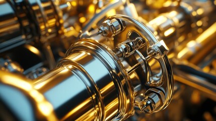 Fototapeta premium Close-up view of intricate golden and metallic machine parts