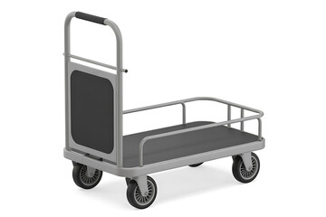 A grey flatbed cart with a handle wheels and a backboard designed for transporting goods.