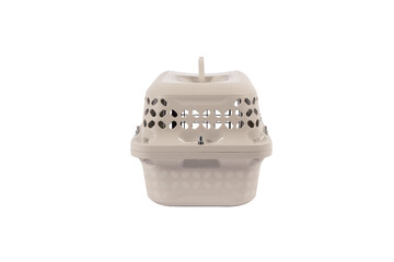 Blue plastic pet carrier with ventilation slats and an open wire door, portable travel crate for cats, small dogs, and small pets, isolated on white background.