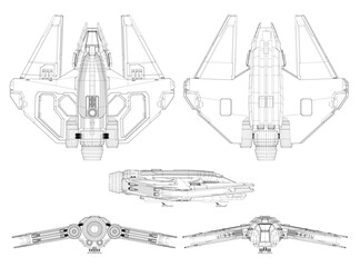 A drawing of a spaceship with a black background. The spaceship is shown from the side and the front