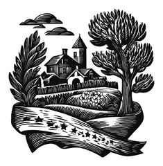 Hand Drawn Illustration of Scenic Landscape with House and Tree