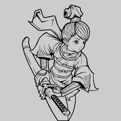 samurai girl vector illustration in black and white color