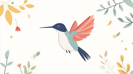 Naklejka premium Flying hummingbird amidst floral backdrop