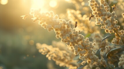 A swarm of bees forming a bridge between flowers, bathed in golden light. Nature's delicate harmony in motion.