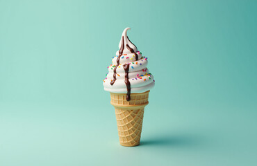 Soft serve ice cream cone with sprinkles, chocolate drizzle, teal background.