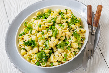 Pasta with green peas in a bowl, italian cuisine