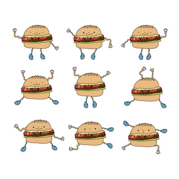 Dancing Burgers Icon Set Pattern Illustration