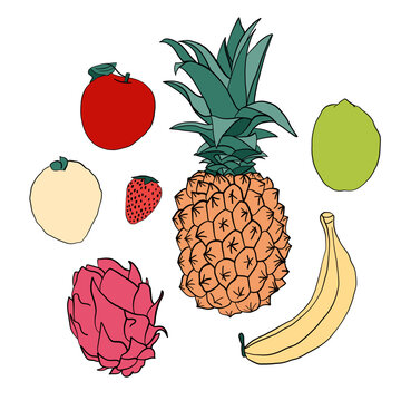 Isolated Colorful Collection of Tropical  Summer Fruits Icon Set Illustration with Orange,  Banana, Lime, Strawberry, Dragonfruit, Apple, and Pineapple on White Background