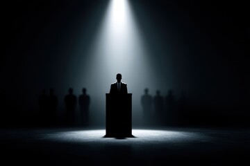 A podium with a single shining spotlight on one business suit while others are in shadows behind