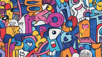 Colorful abstract collage of playful doodles and shapes, creating a vibrant and whimsical visual experience.