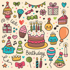 Happy Birthday stickers in cartoon retro 90s style.Groovy shapes. Celebration congratulations patches with cakes, sweets and animals. Vector bright template for party, event.