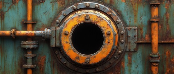Rusty metal door with pipes and rivets industrial steampunk style close up.