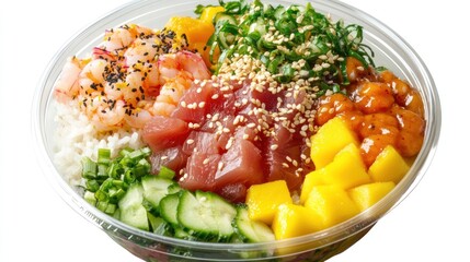 Colorful Hawaiian bowl with rice, fish, and fruit