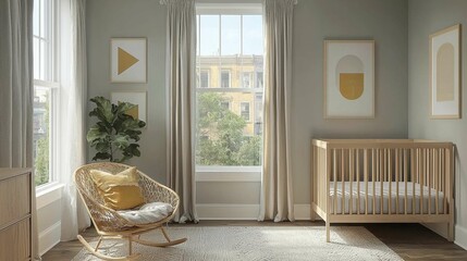 A serene nursery with a crib, modern decor, and natural light streaming through a window, featuring soft colors and plants.