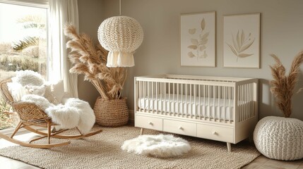 A cozy nursery with neutral tones, featuring a crib, decorative lampshade, and plants, creating a serene and modern atmosphere.