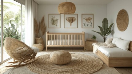 Cozy modern nursery with earthy tones and natural textures, featuring wooden furniture and framed animal art.