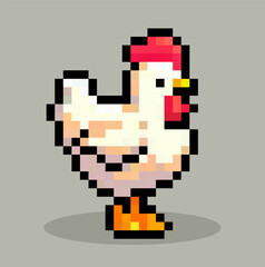 Pixel art of chicken character, vector.