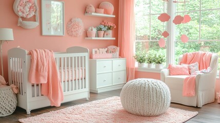 A cozy nursery with soft pink decor, a crib, and comfortable furniture, creating a welcoming and warm atmosphere.