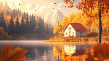 Fototapeta premium Serene autumn lakeside scene with cozy house nestled amongst colorful foliage