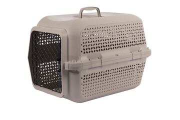 Blue plastic pet carrier with ventilation slats and an open wire door, portable travel crate for cats, small dogs, and small pets, isolated on white background.