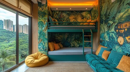 A vibrant bedroom featuring lush green plant wallpaper, a bunk bed, and cozy cushions, with a scenic view of greenery outside.