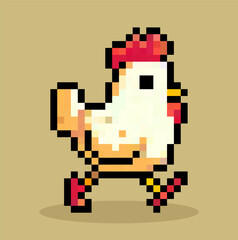 Pixel art of chicken character, vector.