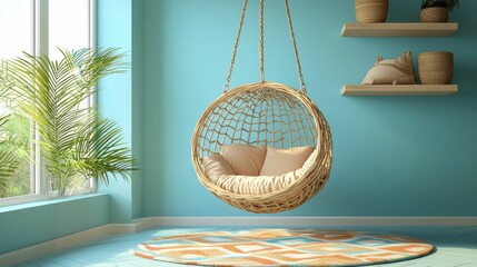A modern room featuring a hanging wicker chair with cushions, surrounded by plants and a colorful rug on a blue floor.