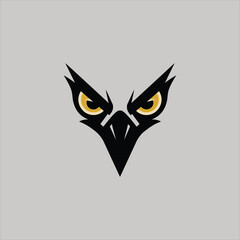 A bold and intense logo design featuring a stylized bird's face