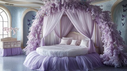 A luxurious bedroom featuring a round bed adorned with soft purple drapes and surrounded by blooming flowers and butterflies.
