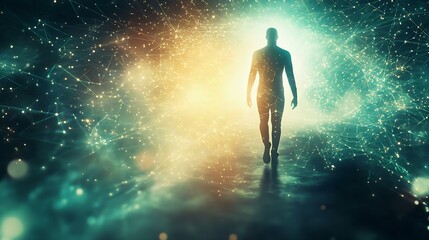 Fototapeta premium A silhouette of a human walking into a bright, ethereal landscape filled with interconnected lights, symbolizing discovery and enlightenment.