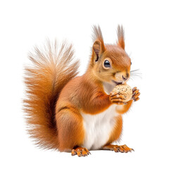 Obraz premium Squirrel Snacking: A cute red squirrel, perched on its haunches, savors a tasty nut, its bushy tail fluffed out in delight.