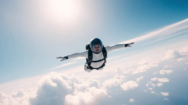 Skydiver Flying Above the Clouds in Clear Blue Sky