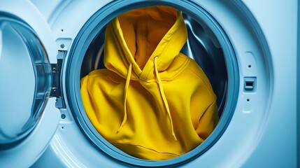 A bright yellow hoodie inside a washing machine, creating a playful and whimsical scene that highlights laundry and fashion.