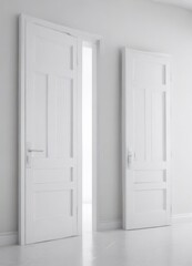 Series of pristine white doors, open and closed, in a bright white setting ,  architecture,  home design,  modern