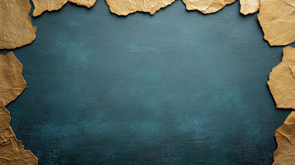 stunning abstract background featuring textured dark teal surface framed by irregular golden edges, creating elegant and luxurious feel. This composition evokes sense of sophistication