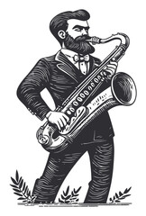 Naklejka premium Vintage Hand Drawn Illustration of a Man Playing Saxophone