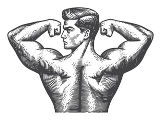 Vintage Hand Drawn Illustration of a Muscular Man Flexing Arms