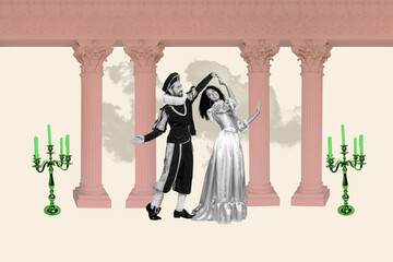 Trendy art creative full zine photo collage of happy girl guy dance together majestic masquerade...