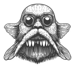Detailed Hand-Drawn Illustration of a Unique Fish Creature Face