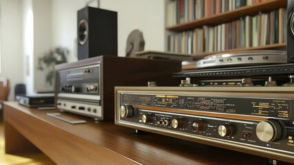 Vintage audio equipment on wooden table in a home library