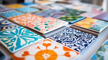 Naklejka premium Vibrant Ceramic Tiles with Unique Designs on White Background