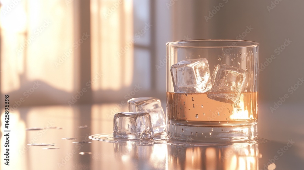 Aufkleber a refreshing image of a cold glass of soda with large ice cubes, condensation dripping down the side