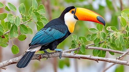 Fototapeta premium Vibrant Toucan Perched in Tropical Habitat with Lush Green Foliage