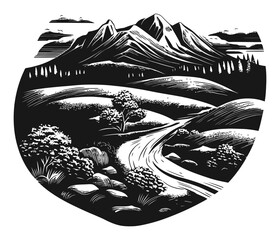Hand-Drawn Black and White Landscape Illustration with Mountains