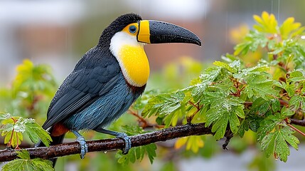 Vibrant Toucan in Rain Shower with Water Droplets on Beak