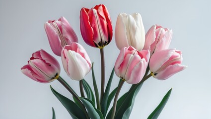 Fototapeta premium Studio Photograph of Red and White Tulip Flowers Isolated on White Background with Large Depth of Field (DOF) Macro