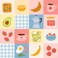 Cute checkered seamless pattern with breakfast products. Hand drawn coffee fried egg, croissant, milk, avocado, tomato. Decorative gingham background, quilt pattern. Vector mosaic ornament.