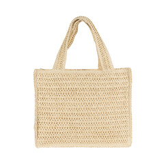 Back side of light beige straw women bag isolated on transparent background . Cut Out bag png object